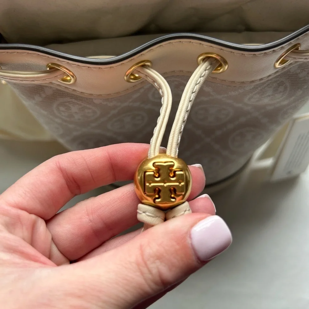 Tory Burch T Monogram Mini Bucket Bag Crossbody Bag Ivory Gold Cream White Tan